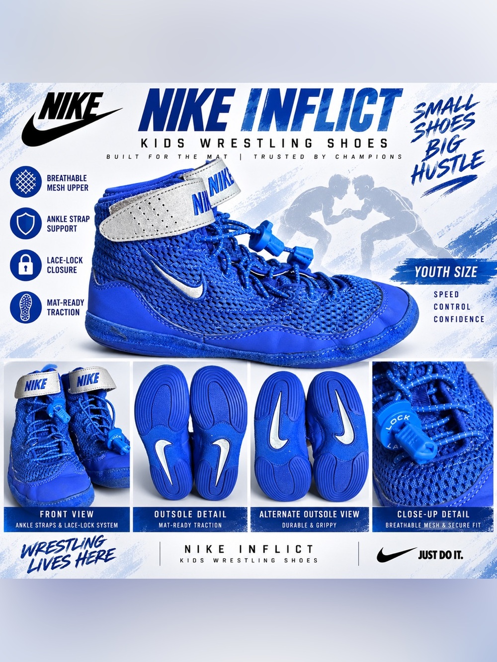 Nike Inflict Boys Wrestling Shoes Size 4 Royal Blue Silver